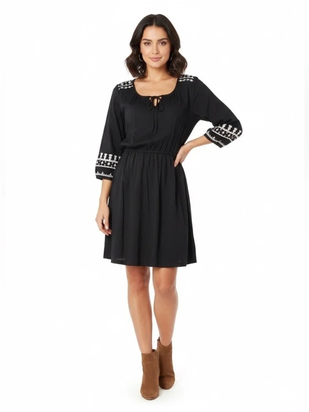 Old Navy Boho Embroidered Peasant Dress Black Ivory Tie Neck XL